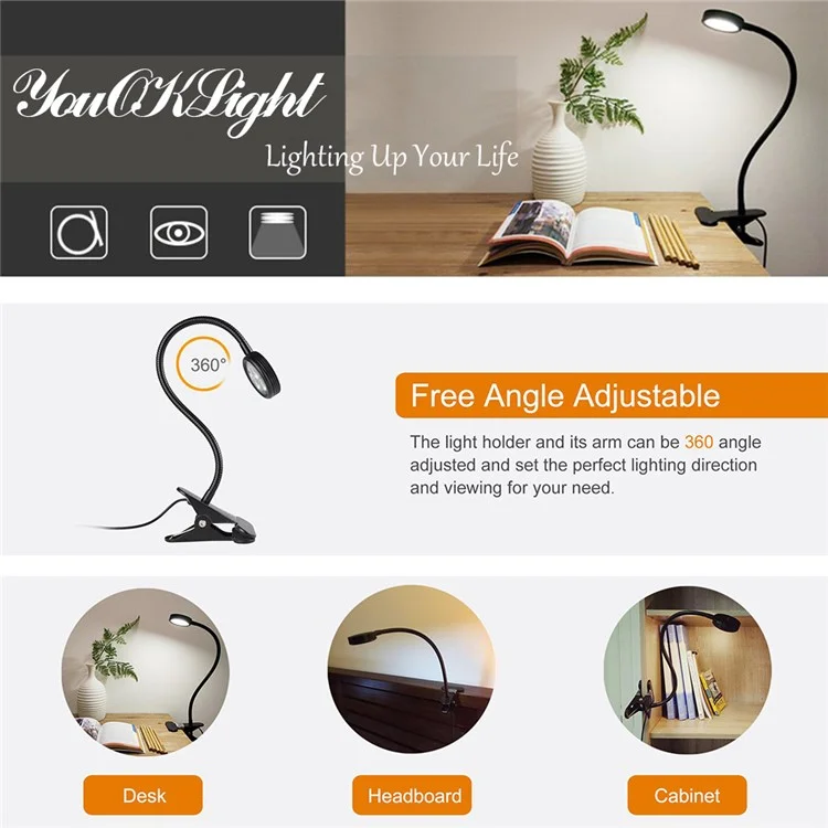YOUOKLIGHT YK2310 3W Goose Neck Clip-on Desk LED Lamp - US Plug