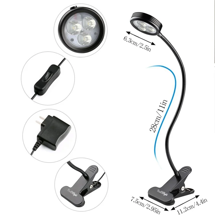 YOUOKLIGHT YK2310 3W Goose Neck Clip-on Desk LED Lamp - US Plug