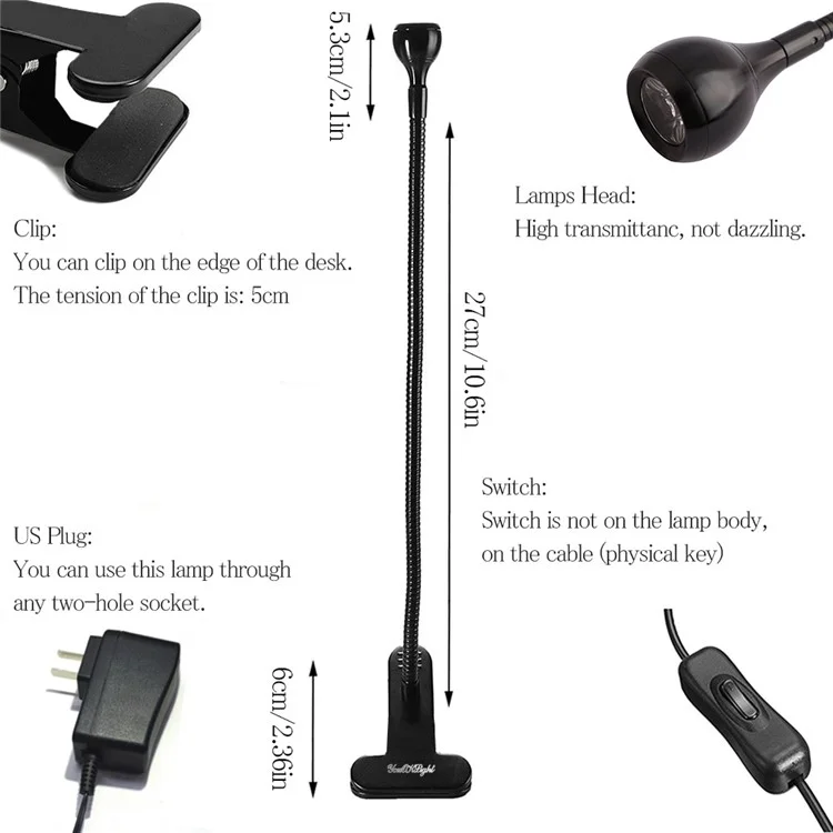 YOUOKLIGHT YK2309 1W Clip-on Desk LED Lamp Flexible Goose Neck LED Light - US Plug