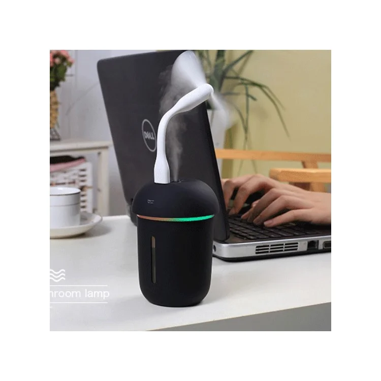 Lovely Mushroom Shape 3-in-1 Rechargeable Humidifier + Light Lamp + Cooling Fan with Single USB Port - Black