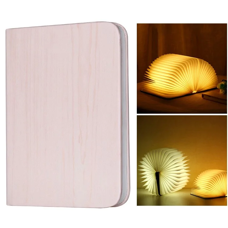 USB Rechargeable LED Foldable Wood Grain Book Shape Desk Table Lamp Night Light - White
