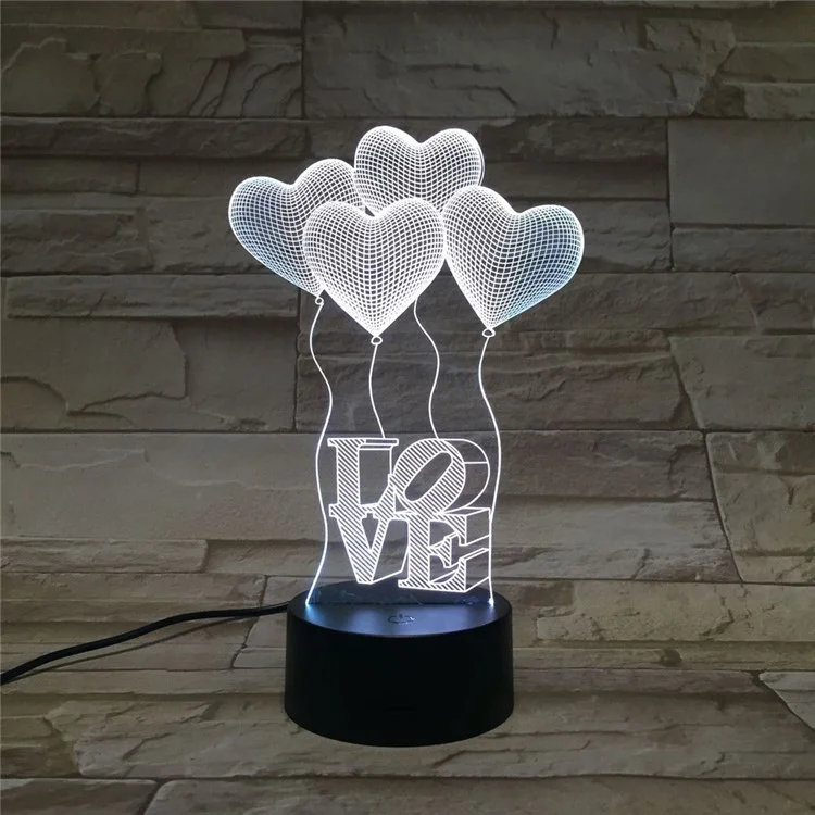 Four Hearts Pattern 3D Effect Optical Illusion LED Table Night Lamp - Black Base / White Light