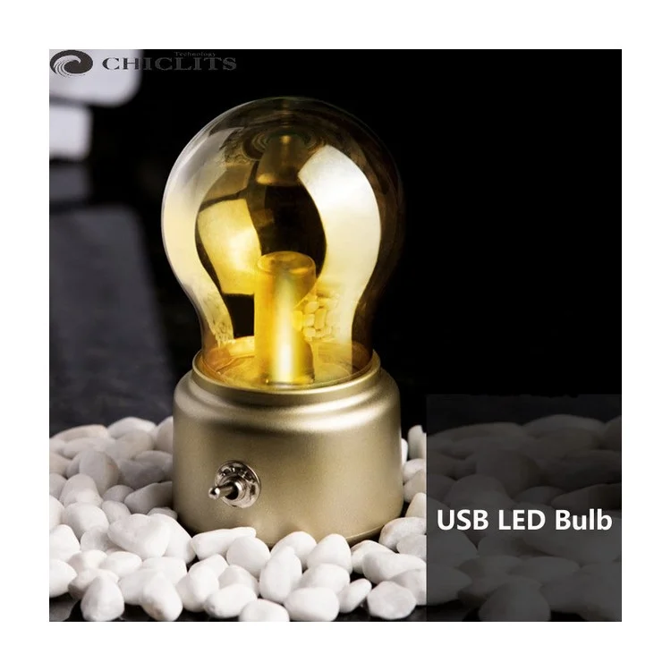 Retro Bulb Shape Atmosphere Night Light Mini Bedside USB Power Lamp - Gold