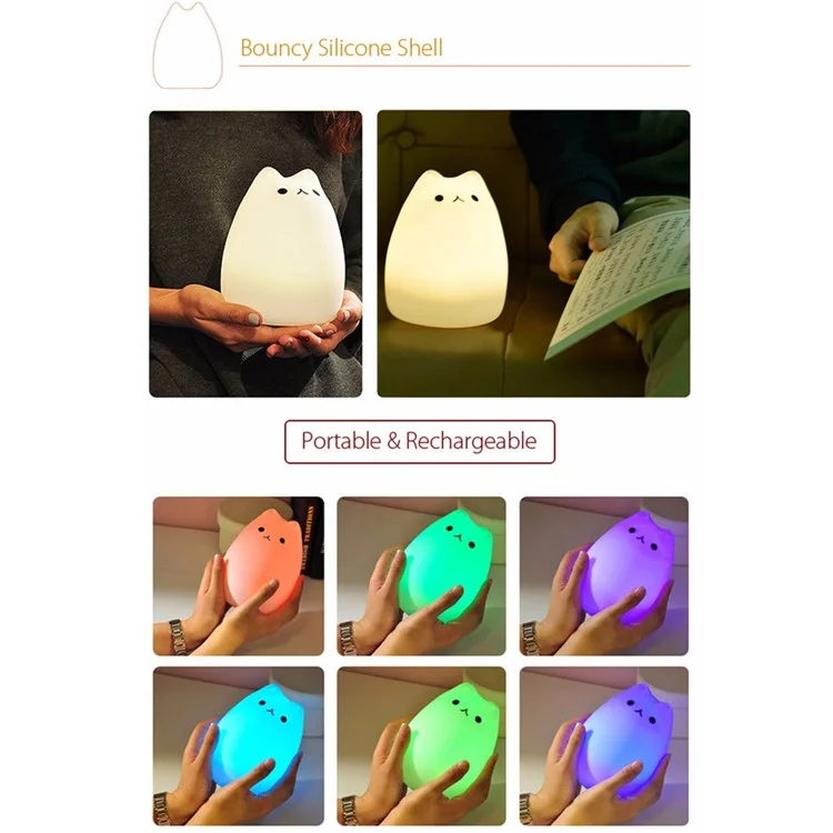Lovely Kitten 7-Color Silicone LED Night Mood Light Tap Control Beside Lamp
