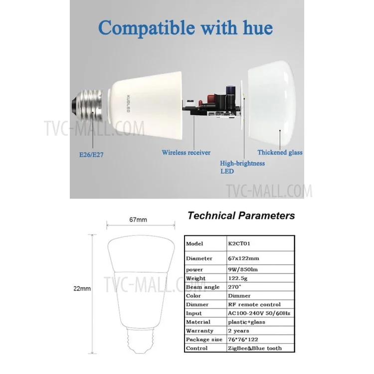 ZIGBEE E27 9W Home Dimmable Light Smart Bulb Support Smartphone APP Remote Control
