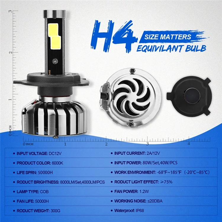 One Pair H4 N7 80W 8000LM 6000K Cool White LED Car Headlight