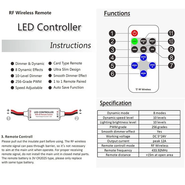 YouOKLight Mini RF 433.92MHz Single Color LED Strip Dimmer Controller Set