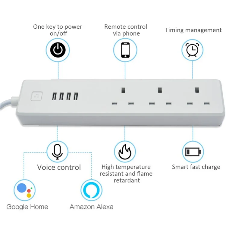 Smart Home WiFi 3 UK Outlets + 4 USB Ports Extension Socket Power Strip for Android iOS Smartphone - UK Plug