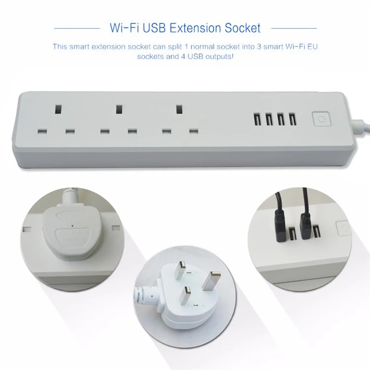 Smart Home WiFi 3 UK Outlets + 4 USB Ports Extension Socket Power Strip for Android iOS Smartphone - UK Plug