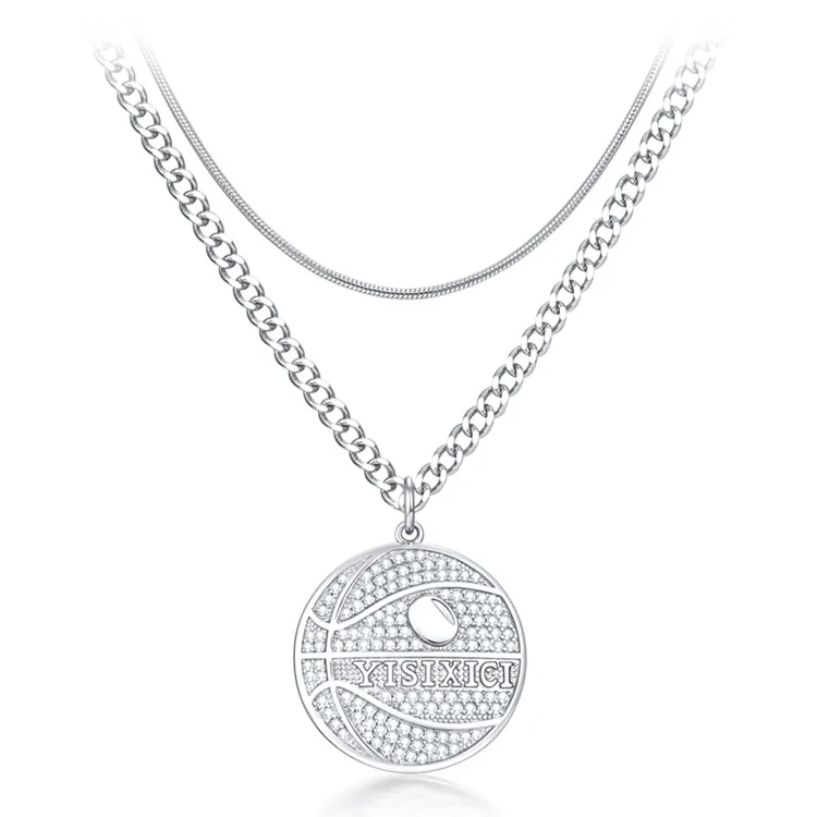 YISIXICI XL13140033 Zirconia Basketball Pendant Necklace S925 Silver Neck Jewelry (Dual Circle Chain) - Style A