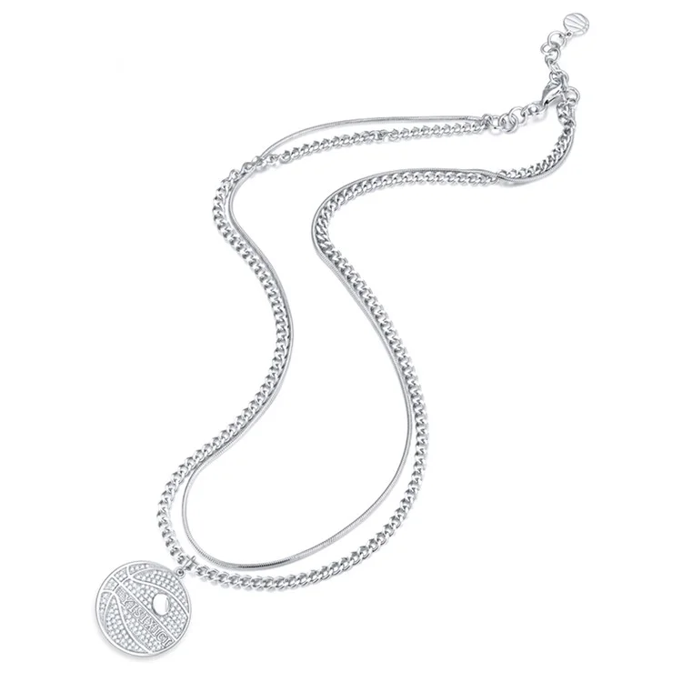 YISIXICI XL13140033 Zirconia Basketball Pendant Necklace S925 Silver Neck Jewelry (Dual Circle Chain) - Style A