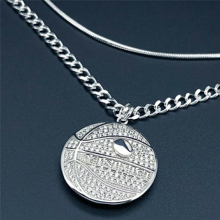 YISIXICI XL13140033 Zirconia Basketball Pendant Necklace S925 Silver Neck Jewelry (Dual Circle Chain) - Style A