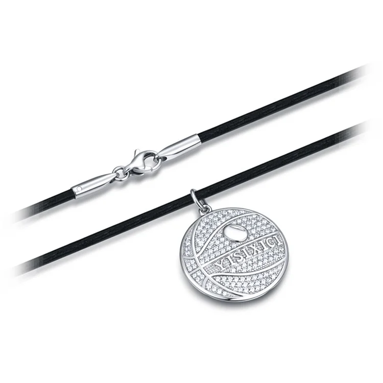 YISIXICI XL13140040 Zirconia Basketball Pendant Necklace S925 Silber Halsschmuck mit Rindsleder-Seil