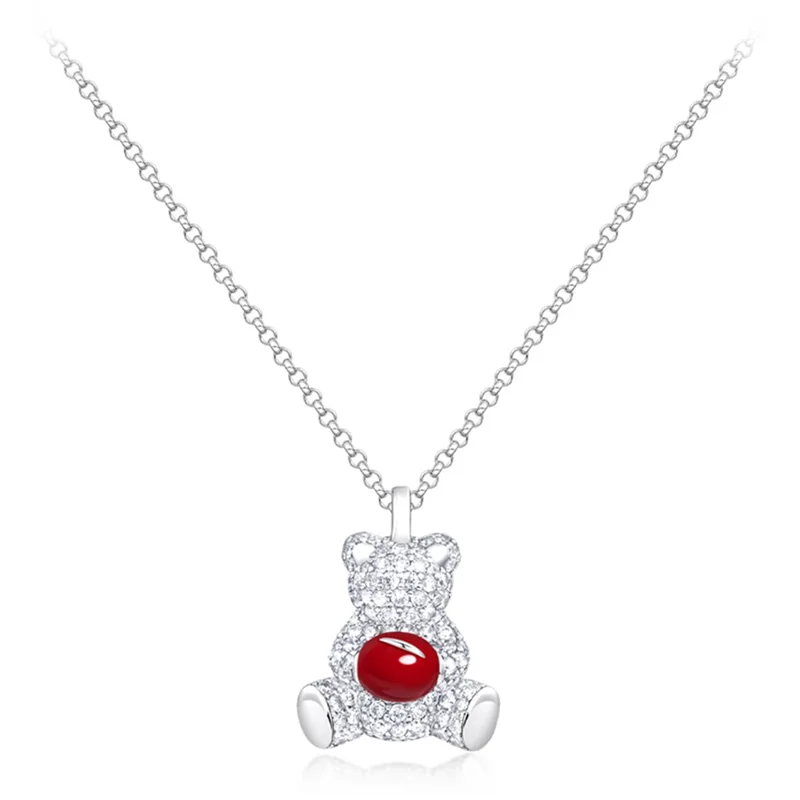 YISIXICI XL13140009 Zirconia Halskette Bär umarmt rotes Samenkorn Halskette Geschenk - Silber / Silber
