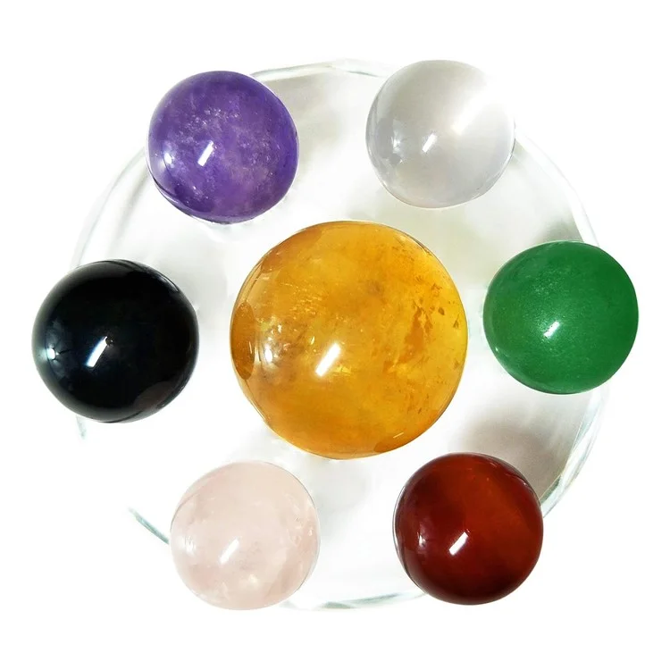 7 Color Chakra Crystal Stones Set for Feng Shui Meditation Crystal Healing Divination Home Decoration, 12cm Base
