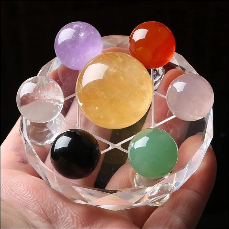 7 Color Chakra Crystal Stones Set for Feng Shui Meditation Crystal Healing Divination Home Decoration, 12cm Base