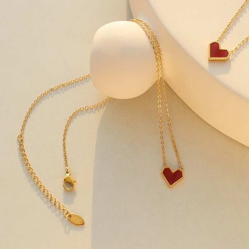 Elegant Heart Pendant Necklace Titanium Steel Chain Versatile Fashion Jewelry 40+5cm Extender - Rose Gold