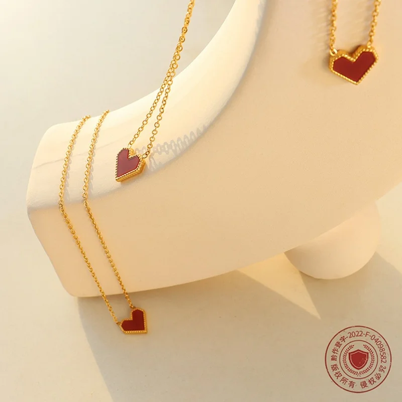 Elegant Heart Pendant Necklace Titanium Steel Chain Versatile Fashion Jewelry 40+5cm Extender - Rose Gold