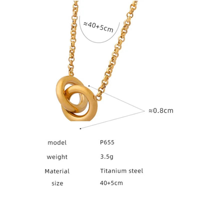 Collana con Pendente Cerchi Intrecciati di Lusso in Acciaio Titanio Placcato Oro, Catena Versatile e di Moda 40+5 cm