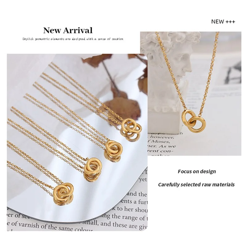 Collana con Pendente Cerchi Intrecciati di Lusso in Acciaio Titanio Placcato Oro, Catena Versatile e di Moda 40+5 cm