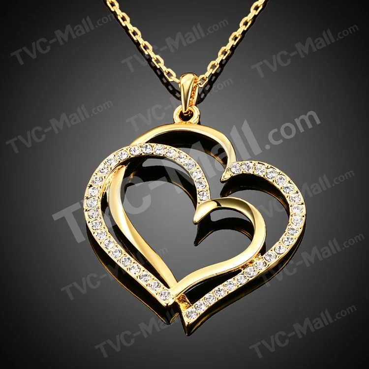 Women Necklace with Rhinestone Heart Pendant - Gold Plated
