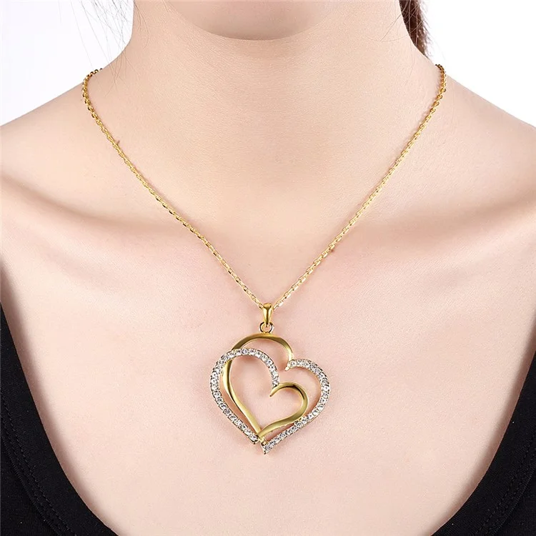 Women Necklace with Rhinestone Heart Pendant - Gold Plated