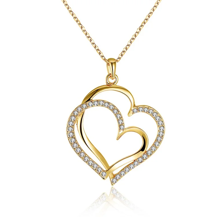 Women Necklace with Rhinestone Heart Pendant - Gold Plated