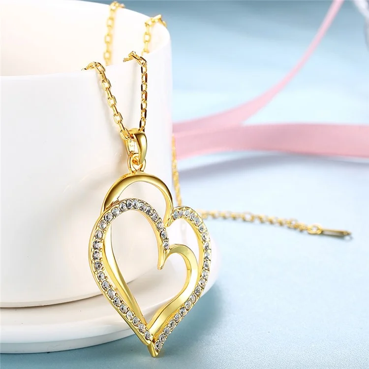 Women Necklace with Rhinestone Heart Pendant - Gold Plated