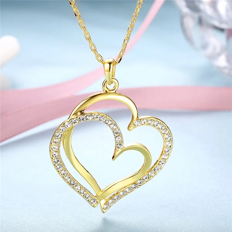 Women Necklace with Rhinestone Heart Pendant - Gold Plated