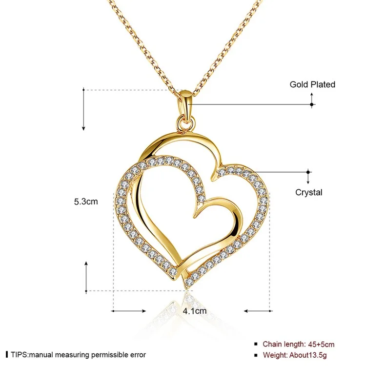 Women Necklace with Rhinestone Heart Pendant - Gold Plated