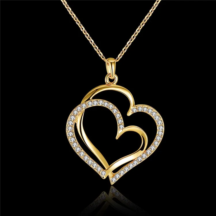 Women Necklace with Rhinestone Heart Pendant - Gold Plated