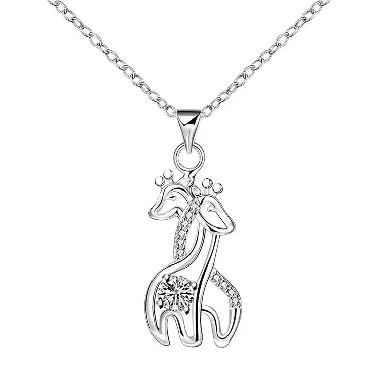 Trendy Silver Plated Zircon Lovely Giraffes Shaped Pendant Necklace Women Jewelry