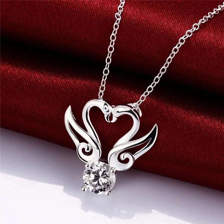 Trendy Zircon Dual-swan Shaped Pendant Necklace Silver Plated Chain for Women - Silver