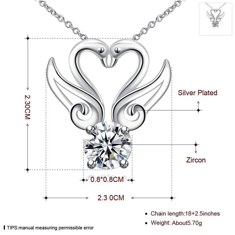 Trendy Zircon Dual-swan Shaped Pendant Necklace Silver Plated Chain for Women - Silver