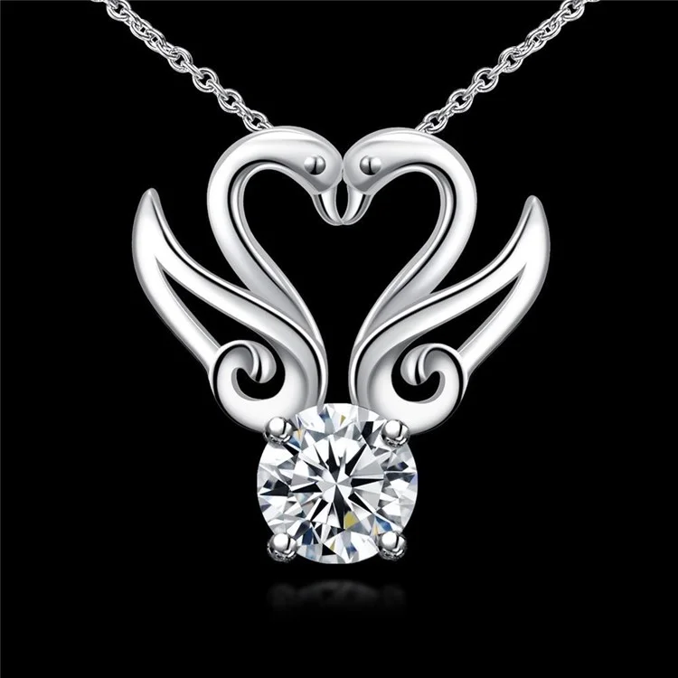 Trendy Zircon Dual-swan Shaped Pendant Necklace Silver Plated Chain for Women - Silver