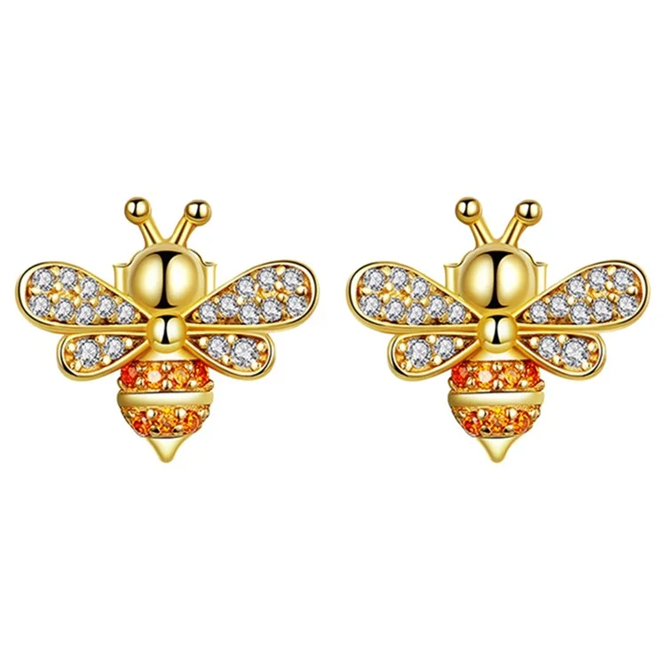 One Pair Sterling 925 Silver Earrings Golden Bee Inlaid Zircon Allergy Free Stud Earrings