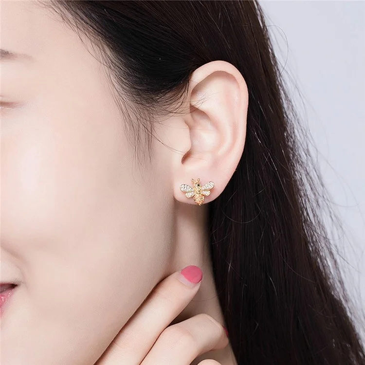 One Pair Sterling 925 Silver Earrings Golden Bee Inlaid Zircon Allergy Free Stud Earrings