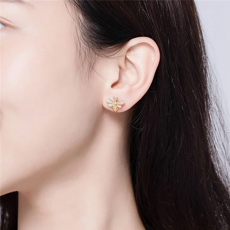 One Pair Sterling 925 Silver Earrings Golden Bee Inlaid Zircon Allergy Free Stud Earrings