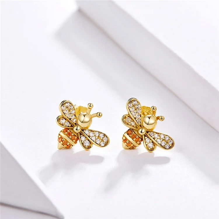 One Pair Sterling 925 Silver Earrings Golden Bee Inlaid Zircon Allergy Free Stud Earrings