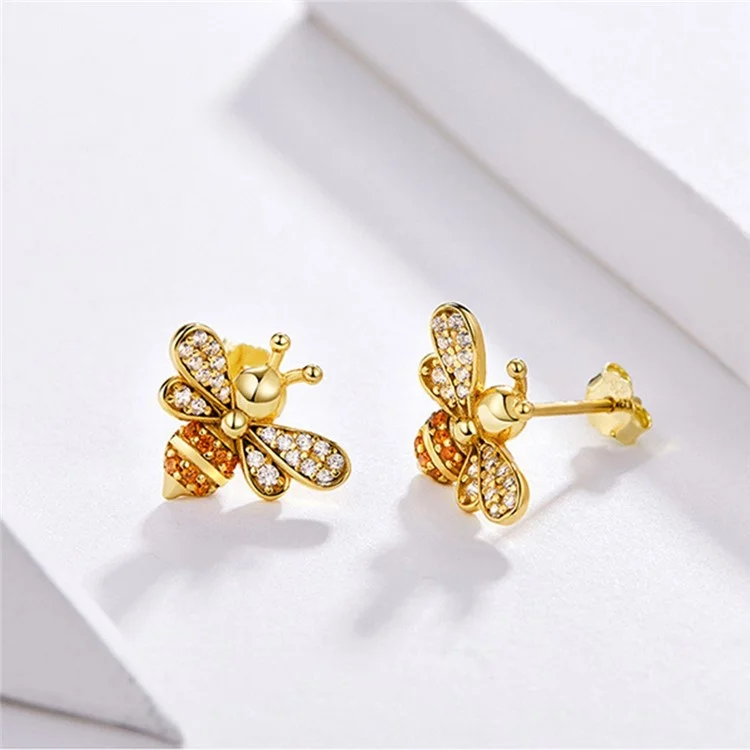 One Pair Sterling 925 Silver Earrings Golden Bee Inlaid Zircon Allergy Free Stud Earrings