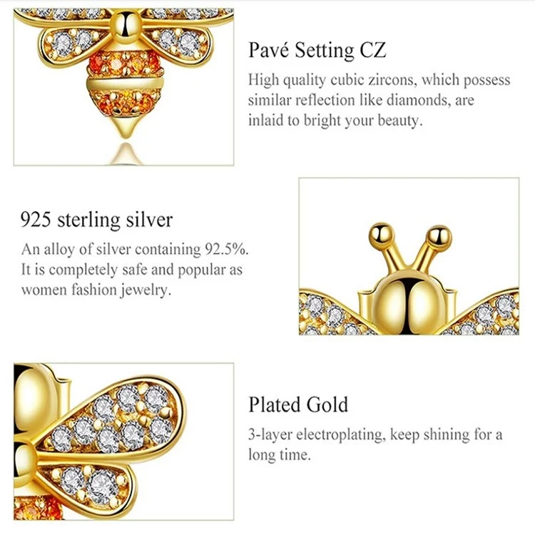 One Pair Sterling 925 Silver Earrings Golden Bee Inlaid Zircon Allergy Free Stud Earrings