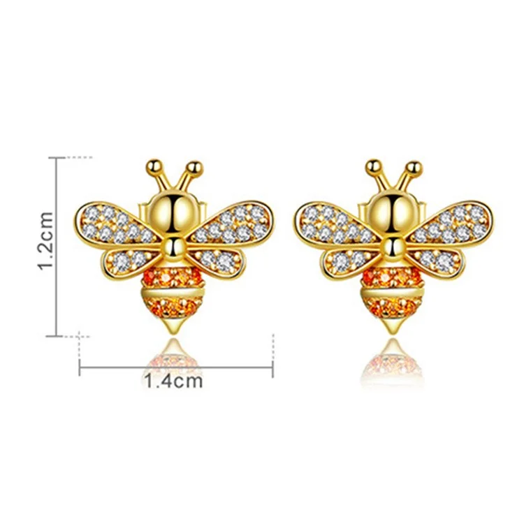 One Pair Sterling 925 Silver Earrings Golden Bee Inlaid Zircon Allergy Free Stud Earrings