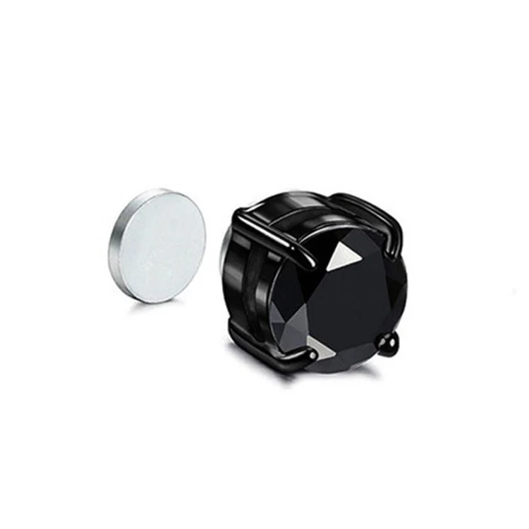 A00899 Boucle d'oreille magnétique en acier inoxydable et zircon 8 mm pour hommes et femmes - Noir / Diamant noir