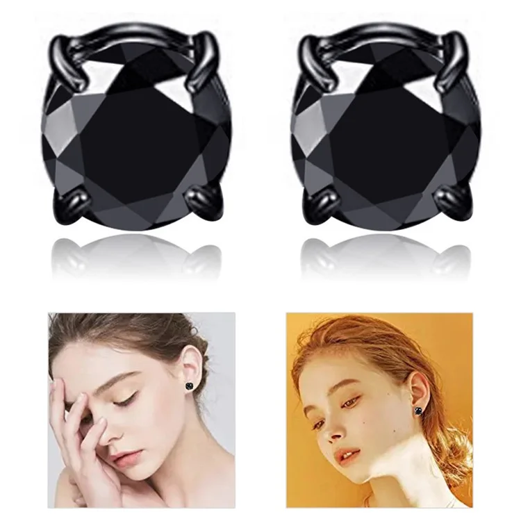 A00899 One Pair 8mm Stud Earrings Non-piercing Magnetic Stainless Steel Zircon Stud Eardrops Earrings Jewelry - Black / Black Diamond