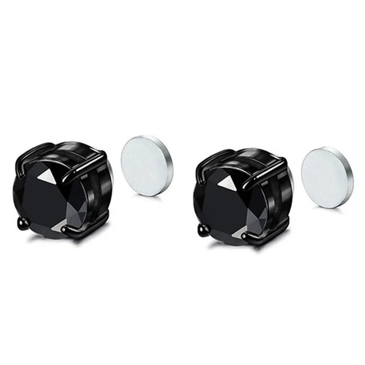 A00899 One Pair 8mm Stud Earrings Non-piercing Magnetic Stainless Steel Zircon Stud Eardrops Earrings Jewelry - Black / Black Diamond