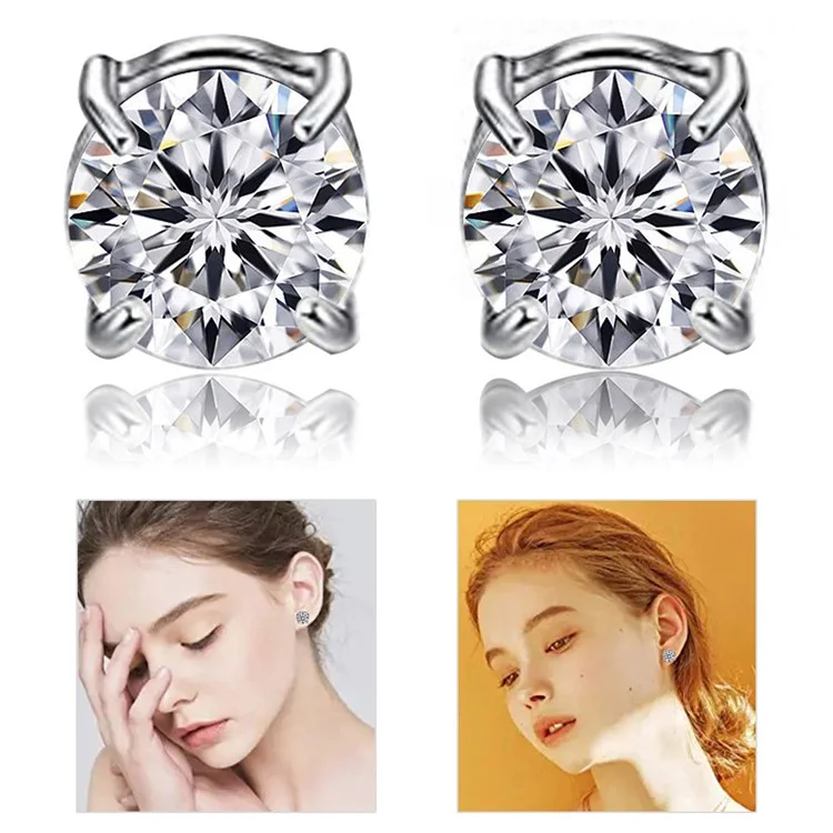 A00899 Пара магнитных серег-пуссет Ear Decor Jewelry 8 мм без прокола - серебристый / белый бриллиант