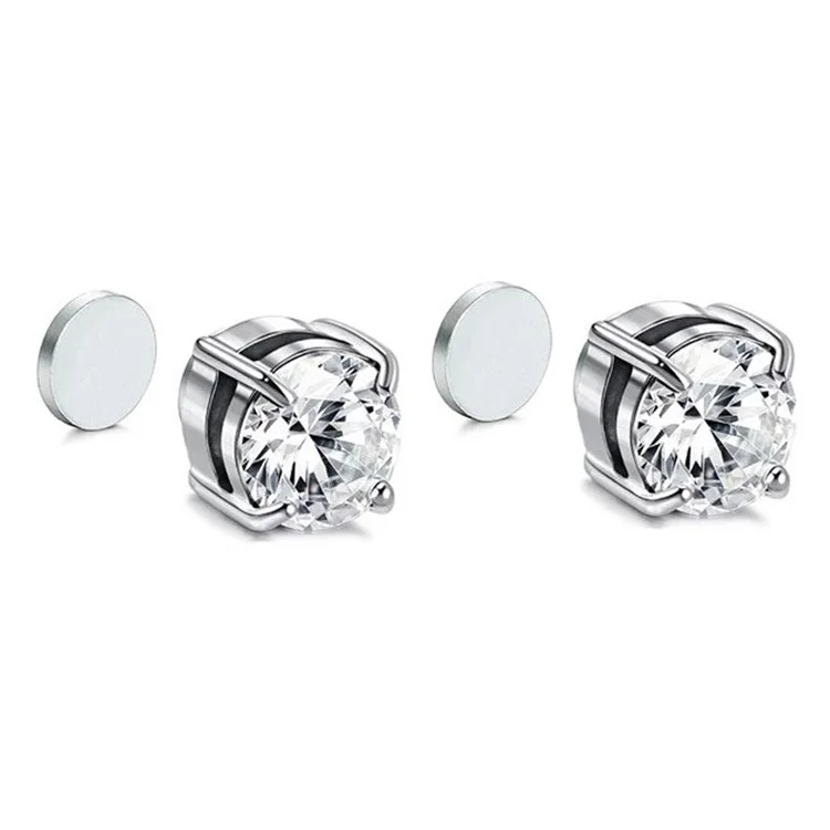 A00899 One Pair Magnetic Stud Earring Ear Decor Jewelry 8mm Non-piercing Stud Earring Magnet - Silver / White Diamond