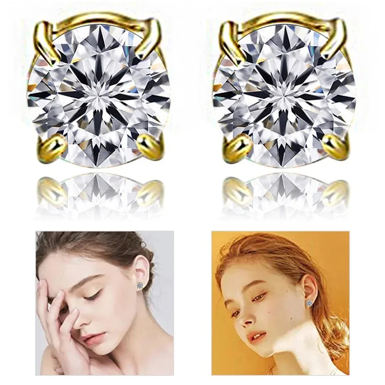 A00899 One Pair 8mm Stud Earrings Non-piercing Magnetic Stainless Steel Zircon Stud Eardrops Earrings Jewelry - Gold / White Diamond