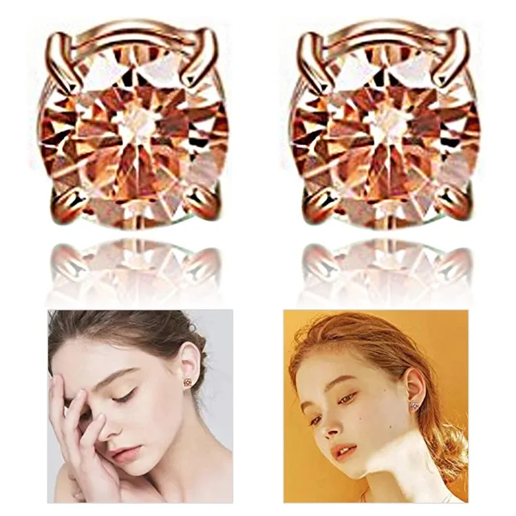 A00899 Un par de pendientes de botón magnéticos de acero inoxidable y circonita de 8 mm, sin perforación, joyas - Oro rosa
