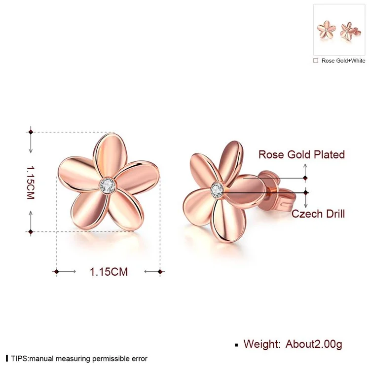 Trendy Czech Diamond Simple Flower Stud Earrings for Women - Rose Gold Plated
